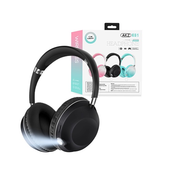 Auscultadores Sem Fio Hi-Fi Estéreo AKZ-K61 com LED para Android iOS Preto Auscultadores Sem Fio Hi-Fi Estéreo AKZ-K61 com LED para Android iOS Preto